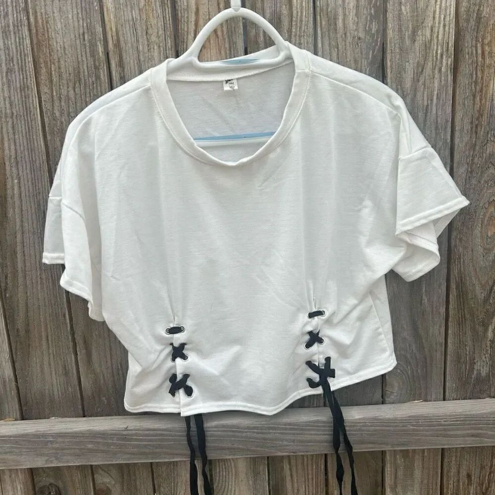 W. W. Xiong tshirt crop short sleeve lace up size xl